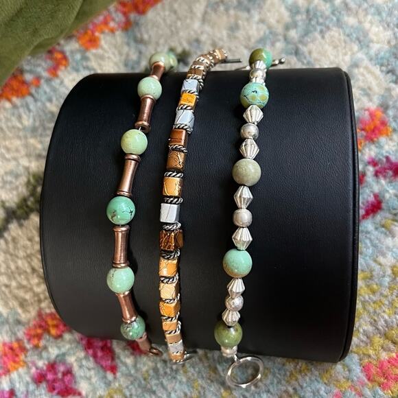 Copper + Turquoise + Silver 3 Bracelet Stack Set Mixed Metal - Picture 3 of 5